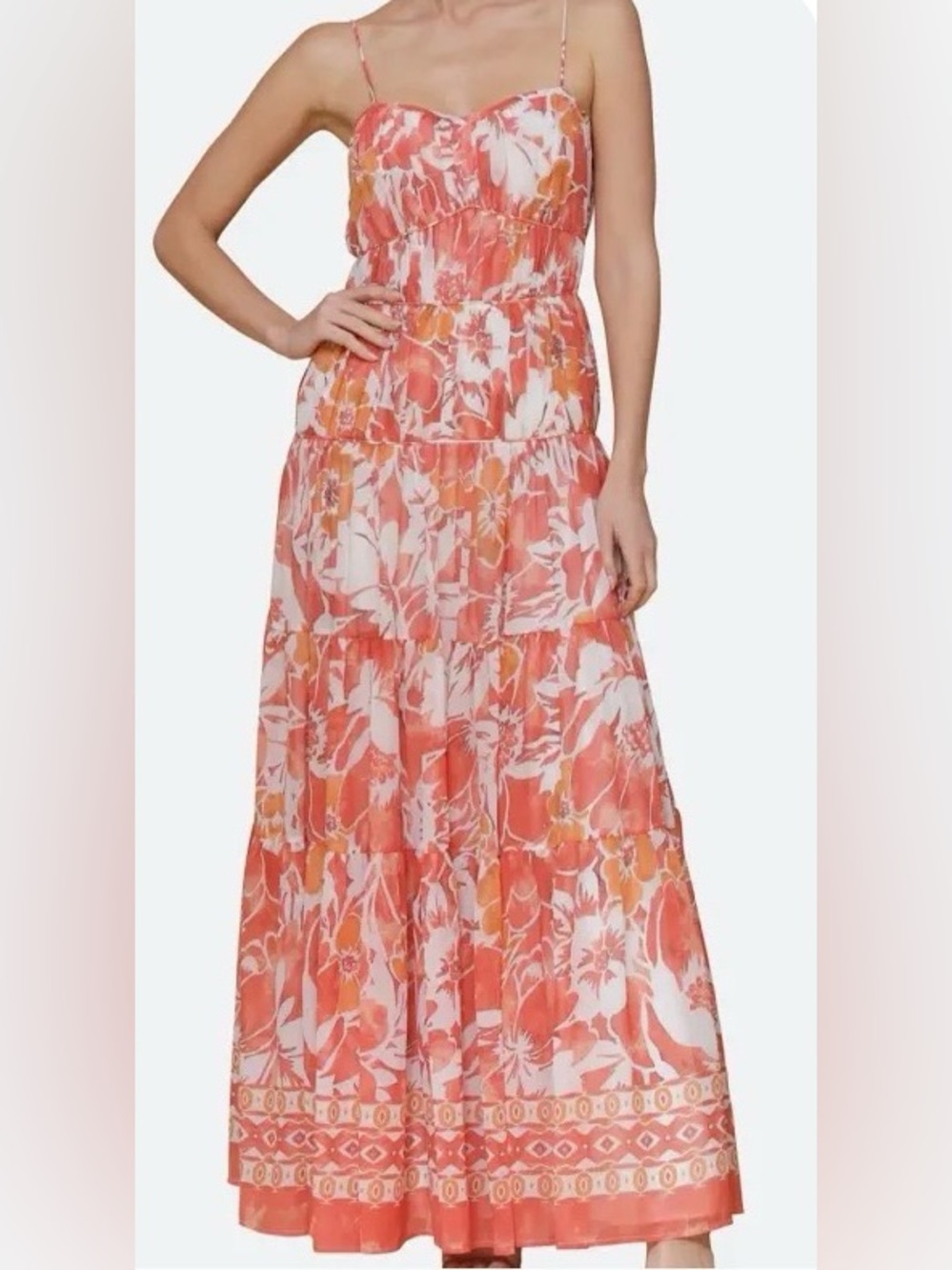Avec Les Filles Orange & White Floral Tiered Maxi Dress